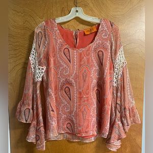 Voom by Joy Han orange paisley bell-sleeve blouse